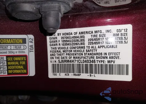 2012 Honda Cr-V Ex-L z USA, uszkodzony, nr VIN 5J6RM4H71CL040346